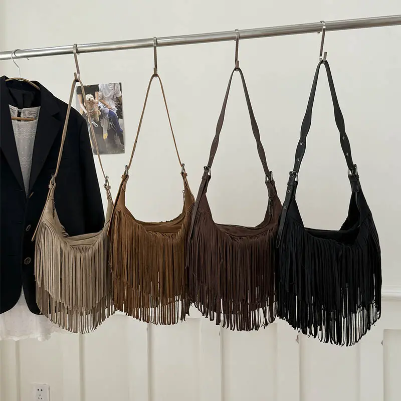 LEFTSIDE Design Punk Style PU Leather Shoulder Bags for Women 2025 Tassels New Crossbody Bag Females Retro ​Luxury Handbags