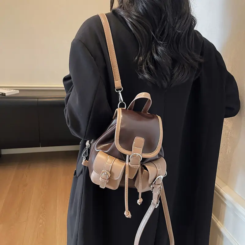 LEFTSIDE Women Mini Pu Leather Backpacks 2025 New Korean Fashion Luxury Double Pockets Backpack Student School Bag Back Packs