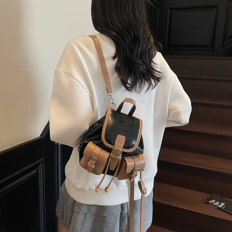 LEFTSIDE Women Mini Pu Leather Backpacks 2025 New Korean Fashion Luxury Double Pockets Backpack Student School Bag Back Packs