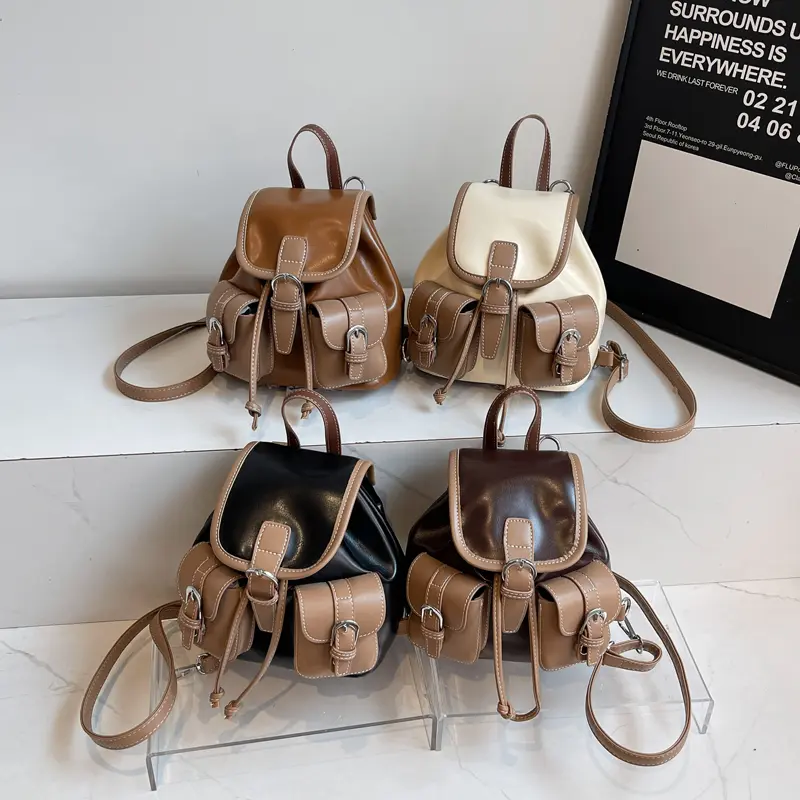 LEFTSIDE Women Mini Pu Leather Backpacks 2025 New Korean Fashion Luxury Double Pockets Backpack Student School Bag Back Packs