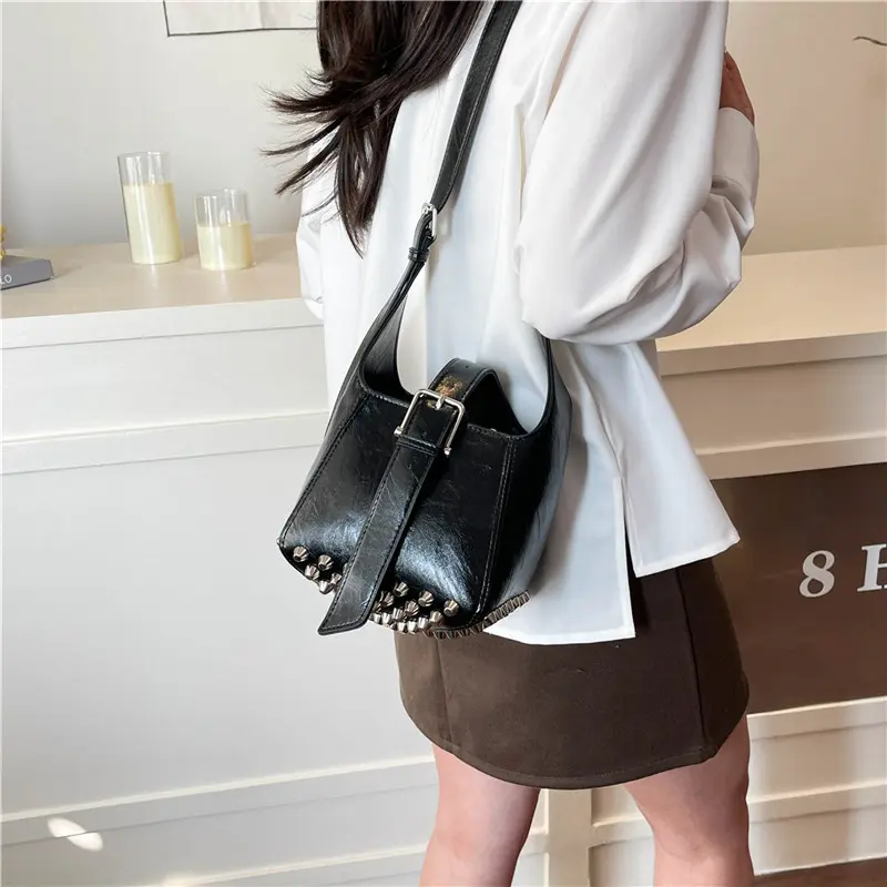 LEFTSIDE Small Rivets PU Leather Bucket Bags for Women 2025 Y2K New Luxury Shoulder Crossbody Bag Females Handbags and Purses