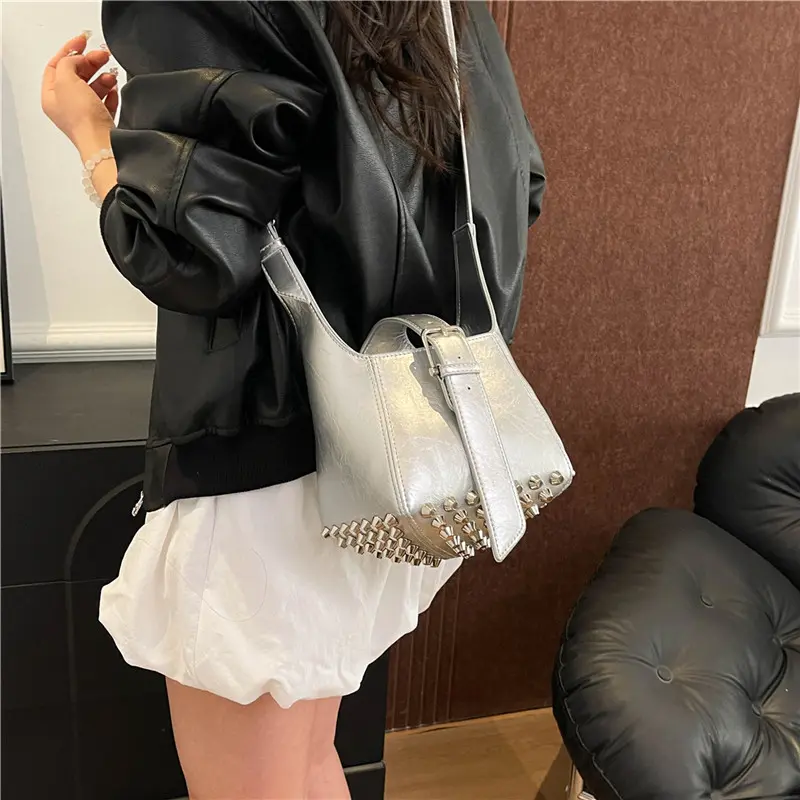 LEFTSIDE Small Rivets PU Leather Bucket Bags for Women 2025 Y2K New Luxury Shoulder Crossbody Bag Females Handbags and Purses