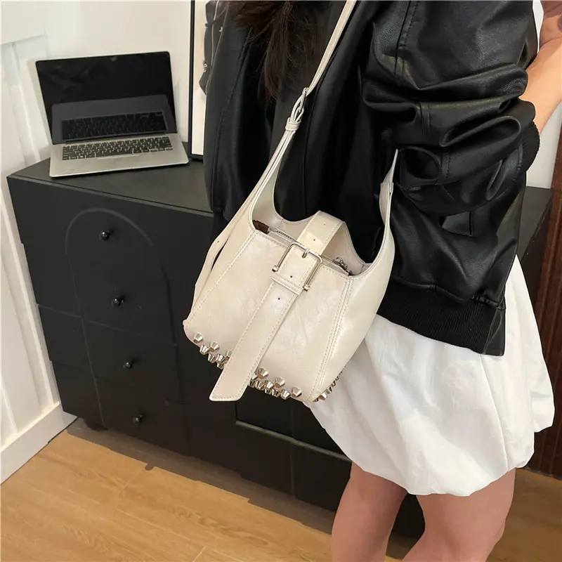 LEFTSIDE Small Rivets PU Leather Bucket Bags for Women 2025 Y2K New Luxury Shoulder Crossbody Bag Females Handbags and Purses