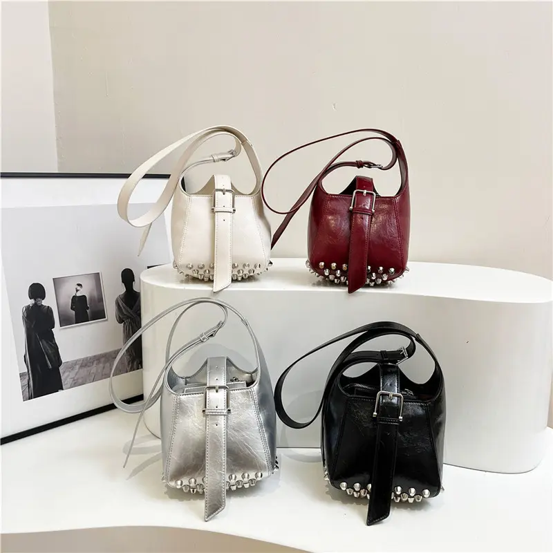 LEFTSIDE Small Rivets PU Leather Bucket Bags for Women 2025 Y2K New Luxury Shoulder Crossbody Bag Females Handbags and Purses