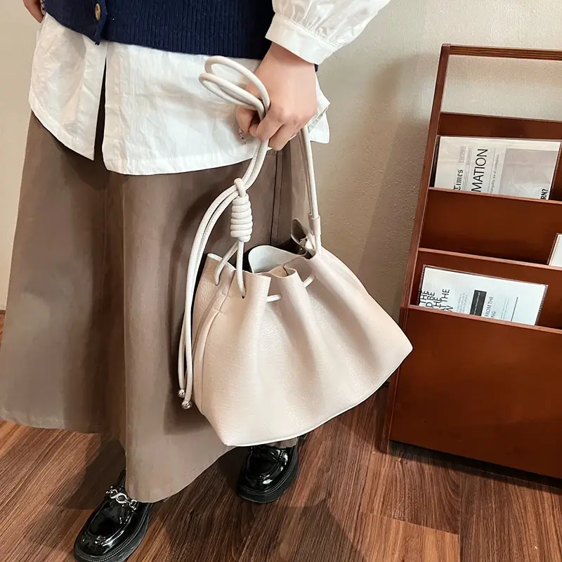 LEFTSIDE Small Drawstring PU Leather Bucket Crossbody Bags for Women 2024 Winter Y2K Trend Female Shoulder Bag Handbags