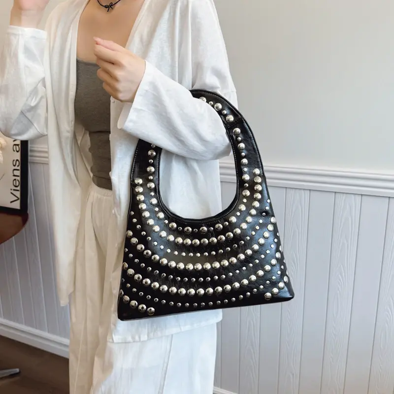 LEFTSIDE Retro Rivets PU Leather Shoulder Bag for Women 2025 Punk Style Short Handle Handbags and Purses Females Underarm Bags