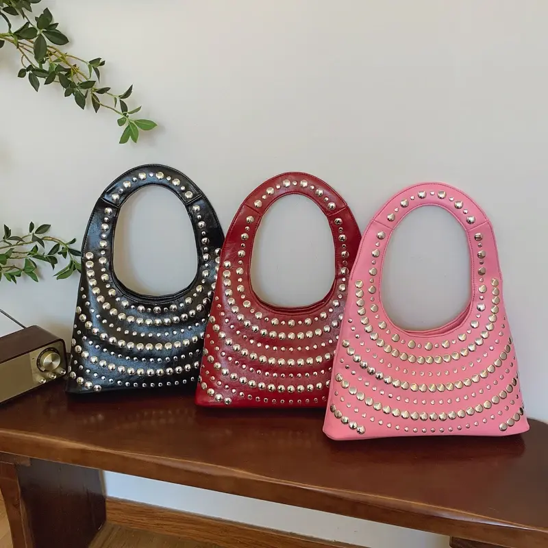 LEFTSIDE Retro Rivets PU Leather Shoulder Bag for Women 2025 Punk Style Short Handle Handbags and Purses Females Underarm Bags