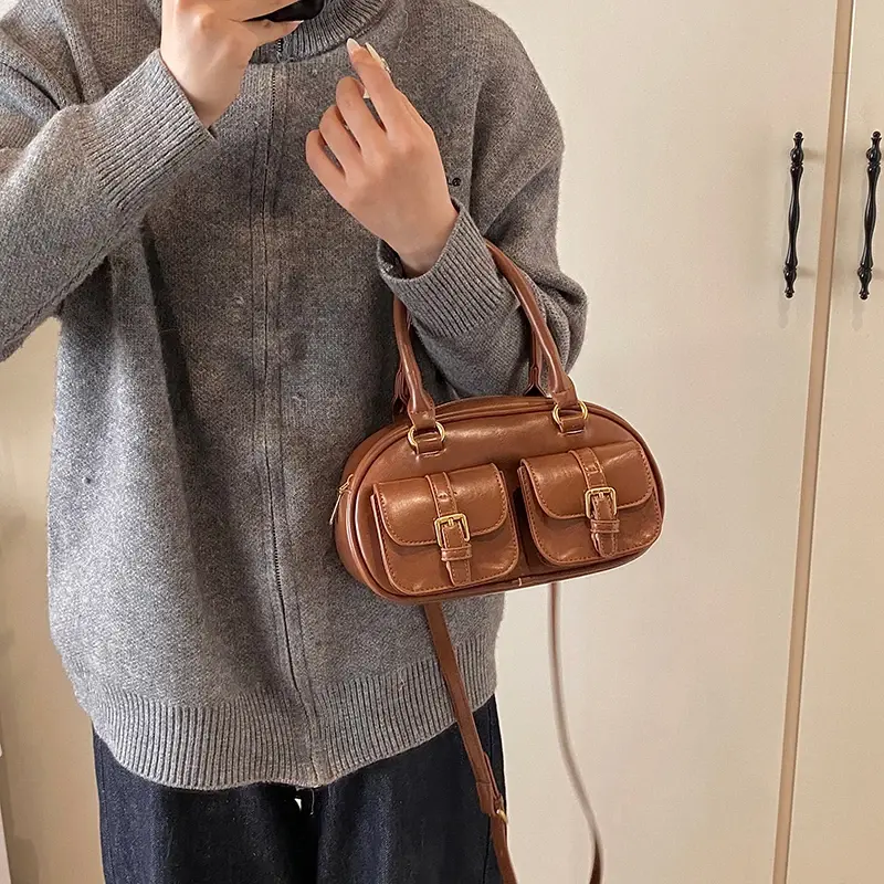 LEFTSIDE Small PU Leather Double Pockets Shoulder Bags for Women 2024 Y2K New Designer Crossbody Bag Females Handbags and Purses