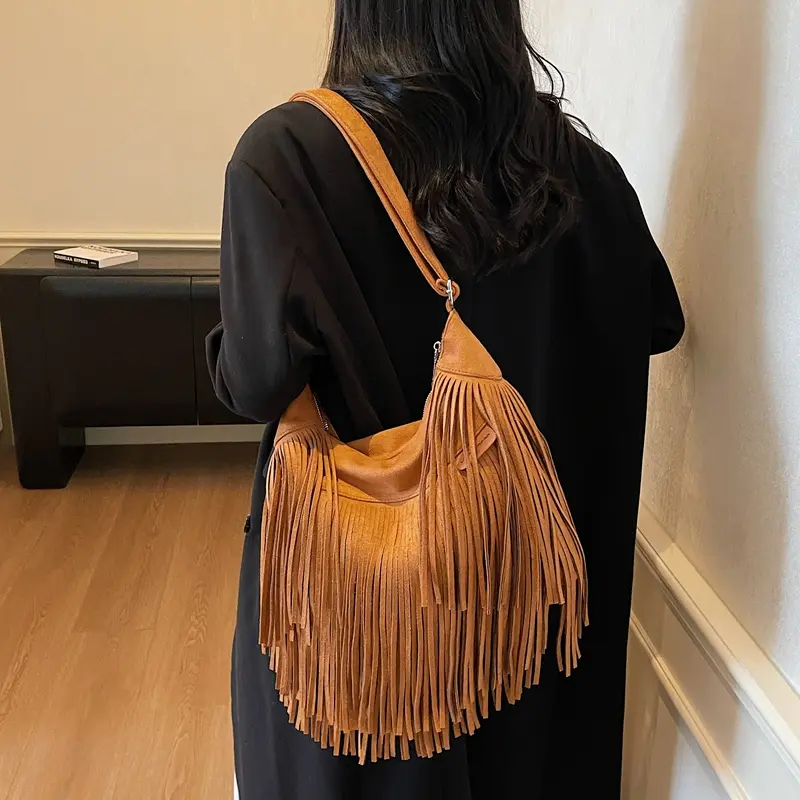 LEFTSIDE Design Faux Suede Shoulder Bags for Women 2025 Tassels New Crossbody Bag Females Retro New ​Luxury Handbags and Purses