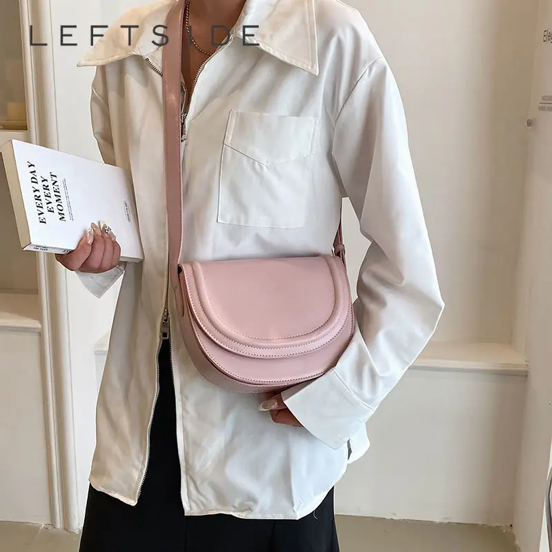 LEFTSIDE  Saddle Crossbody Bags for Women Females Candy Color Leather New 2025 Trend Fashion Solid Simple Handbags and Purses