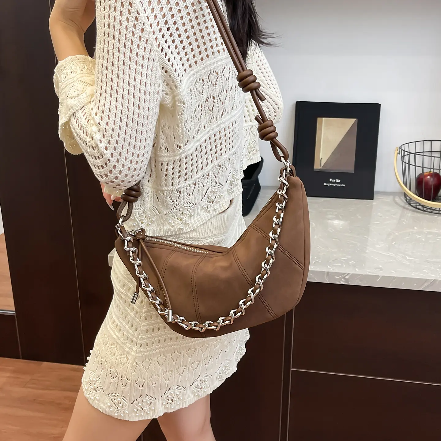LEFTSIDE Retro Small Splicing leather Saddle Bag 2025 New Trendy Shoulder Bag Fashion Crossbody Bag Females Chain Handbags
