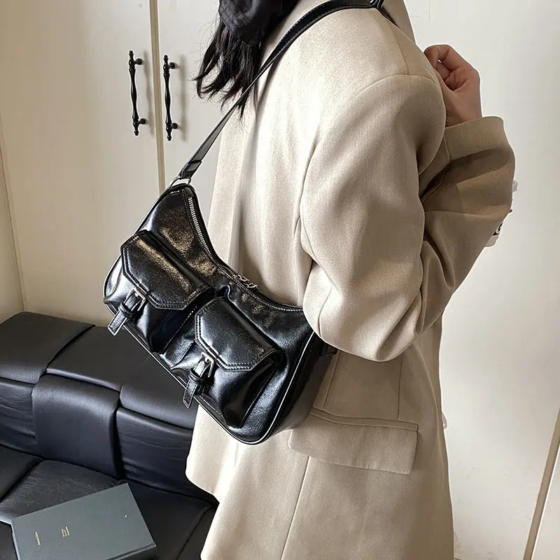 LEFTSIDE Small PU Leather Double Pockets Underarm Bags for Women 2024 Y2K Ladies Shoulder Bag Females Designer Retro Handbags