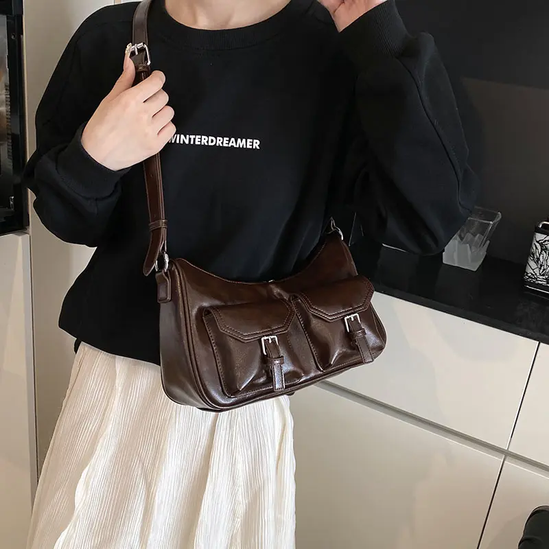 LEFTSIDE Small PU Leather Double Pockets Underarm Bags for Women 2024 Y2K Ladies Shoulder Bag Females Designer Retro Handbags