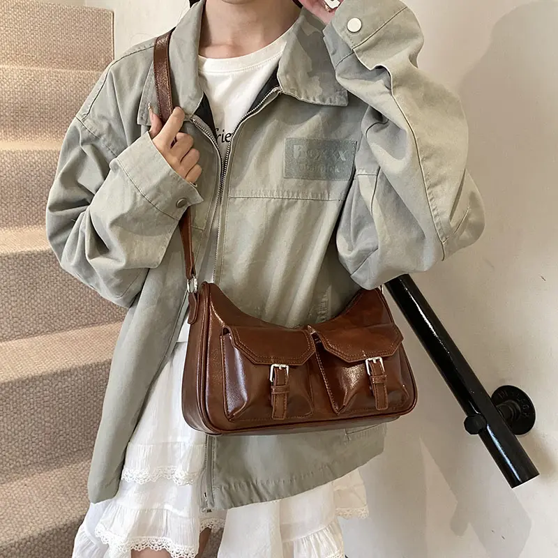 LEFTSIDE Small PU Leather Double Pockets Underarm Bags for Women 2024 Y2K Ladies Shoulder Bag Females Designer Retro Handbags