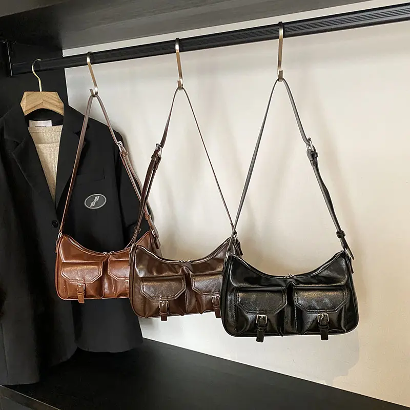 LEFTSIDE Small PU Leather Double Pockets Underarm Bags for Women 2024 Y2K Ladies Shoulder Bag Females Designer Retro Handbags