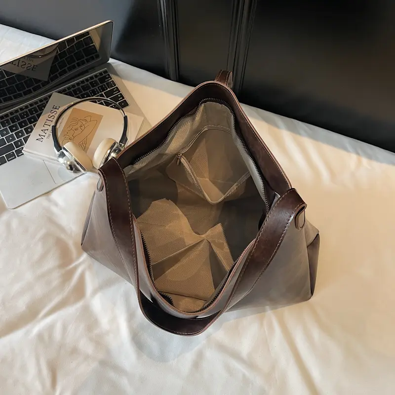 LEFTSIDE Women PU Leather Shoulder Bag Retro Hobo Bag Large Capacity Trendy Work Solid Color Vintage Handbag Top Handle Bag
