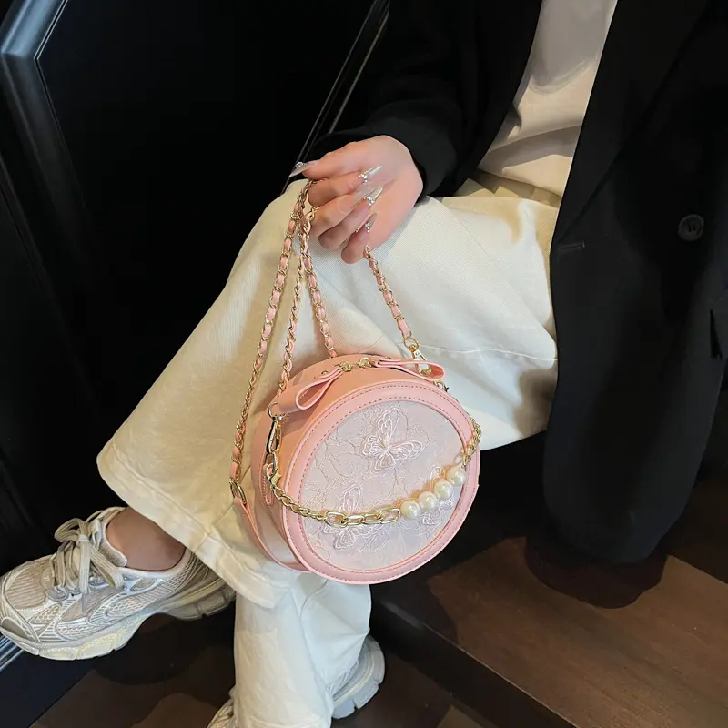 LEFTSIDE Small Sweet Round PU Leather Crossbody Bags for Women 2025 Summer Chain Shoulder Bags Pearl Design Handbags and Purses