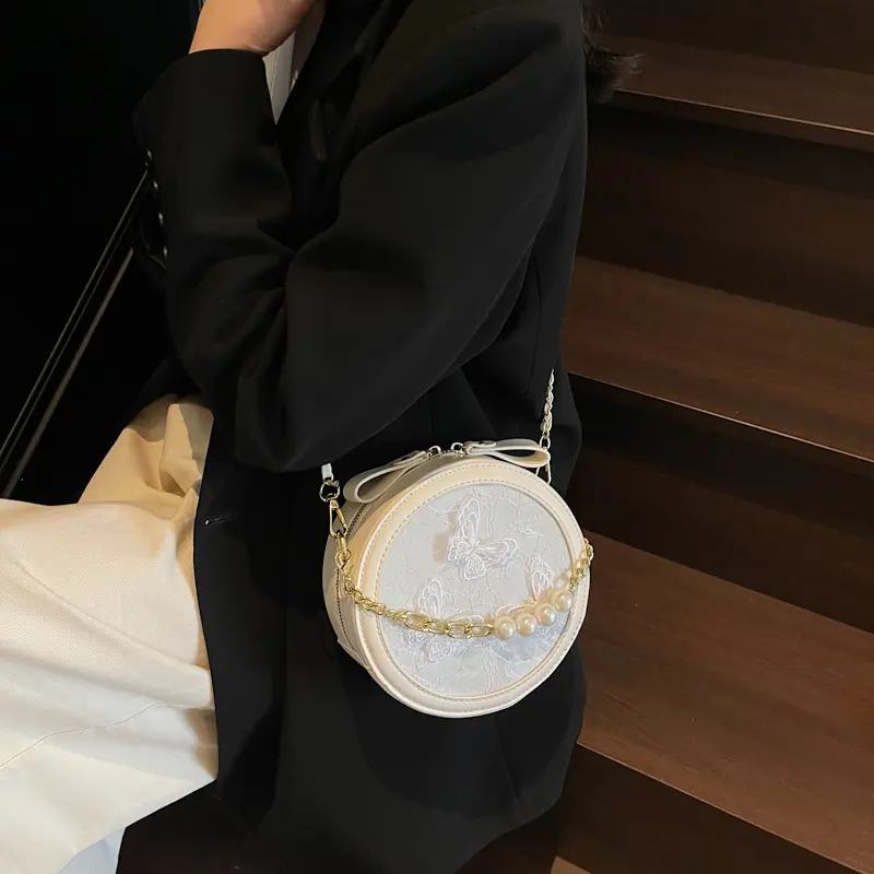 LEFTSIDE Small Sweet Round PU Leather Crossbody Bags for Women 2025 Summer Chain Shoulder Bags Pearl Design Handbags and Purses