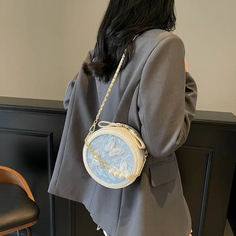 LEFTSIDE Small Sweet Round PU Leather Crossbody Bags for Women 2025 Summer Chain Shoulder Bags Pearl Design Handbags and Purses