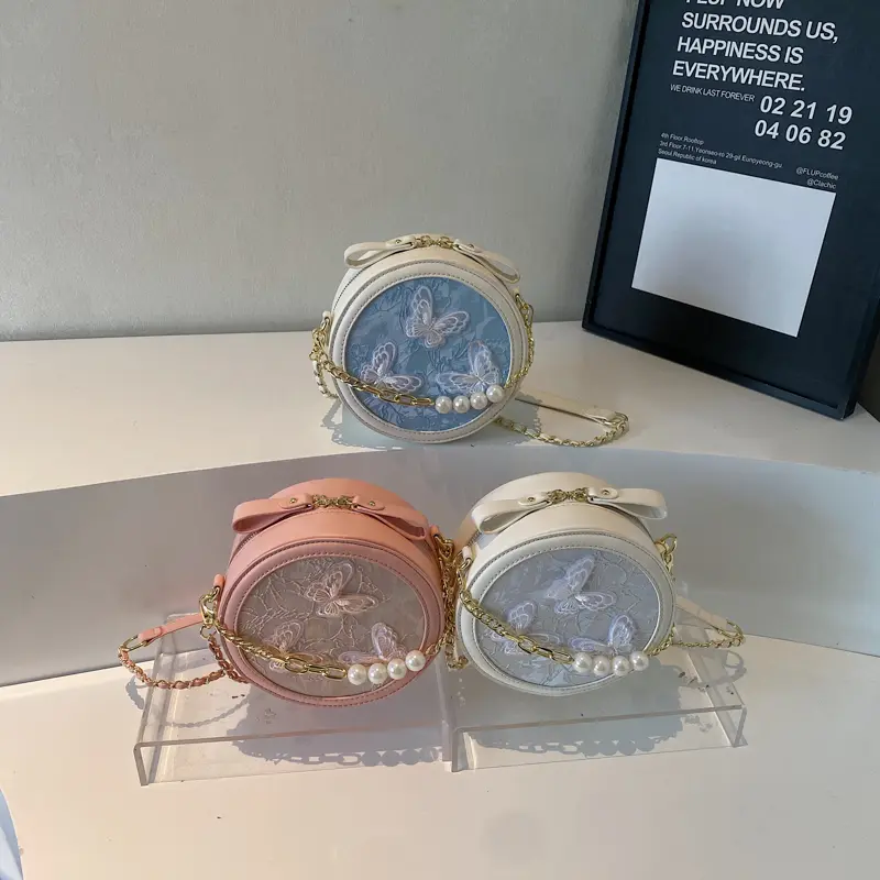 LEFTSIDE Small Sweet Round PU Leather Crossbody Bags for Women 2025 Summer Chain Shoulder Bags Pearl Design Handbags and Purses