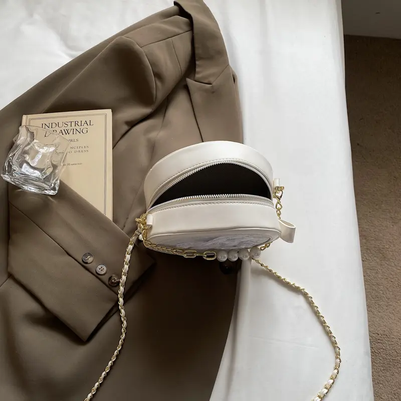 LEFTSIDE Small Sweet Round PU Leather Crossbody Bags for Women 2025 Summer Chain Shoulder Bags Pearl Design Handbags and Purses