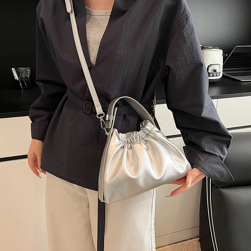 LEFTSIDE Short Handle PU Leather Bucket Crossbody Bags for Women 2025 Trend Y2K Ladies Silver Shoulder Bag Handbags and Purses