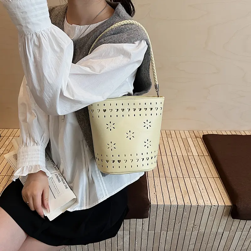 LEFTSIDE Small PU Leather Bucket Bag for Women Shoulder Bags 2025 Hollow Out Travel Crossbody Bag Totes Lady Handbags and Purses