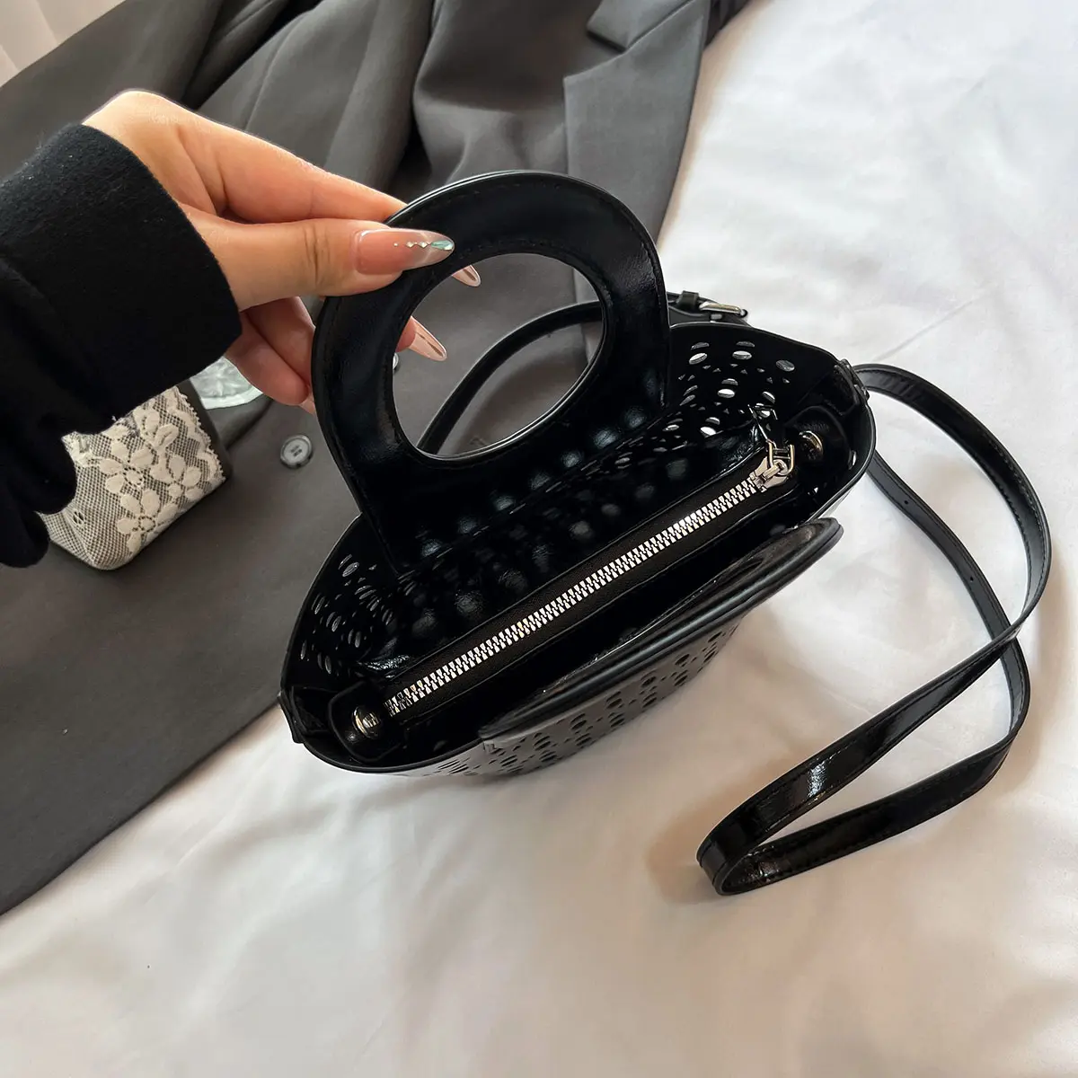 LEFTSIDE 2025 Summer New In Mini PU Leather Hollow out Handbags and Purses Women's Crossbody Bag Short Handle Shoulder Bags