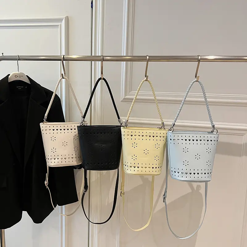 LEFTSIDE Small PU Leather Bucket Bag for Women Shoulder Bags 2025 Hollow Out Travel Crossbody Bag Totes Lady Handbags and Purses