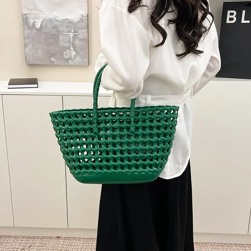 LEFTSIDE Small Solid Color Weave Plastics Tote Bags for Women 2025 Summer Shoulder Bags Simple Handbags Hollow Out Beach Bag