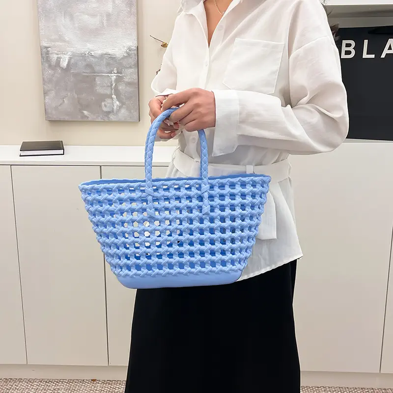 LEFTSIDE Small Solid Color Weave Plastics Tote Bags for Women 2025 Summer Shoulder Bags Simple Handbags Hollow Out Beach Bag
