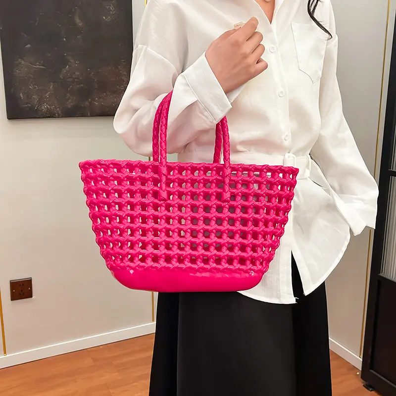 LEFTSIDE Small Solid Color Weave Plastics Tote Bags for Women 2025 Summer Shoulder Bags Simple Handbags Hollow Out Beach Bag