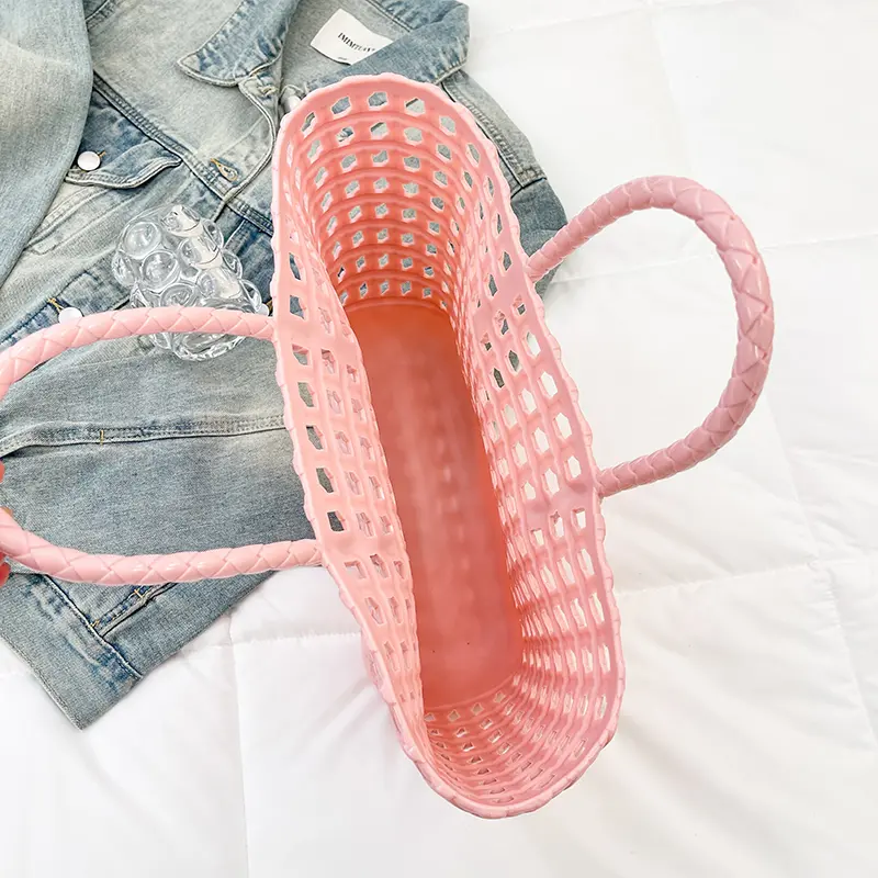 LEFTSIDE Small Solid Color Weave Plastics Tote Bags for Women 2025 Summer Shoulder Bags Simple Handbags Hollow Out Beach Bag