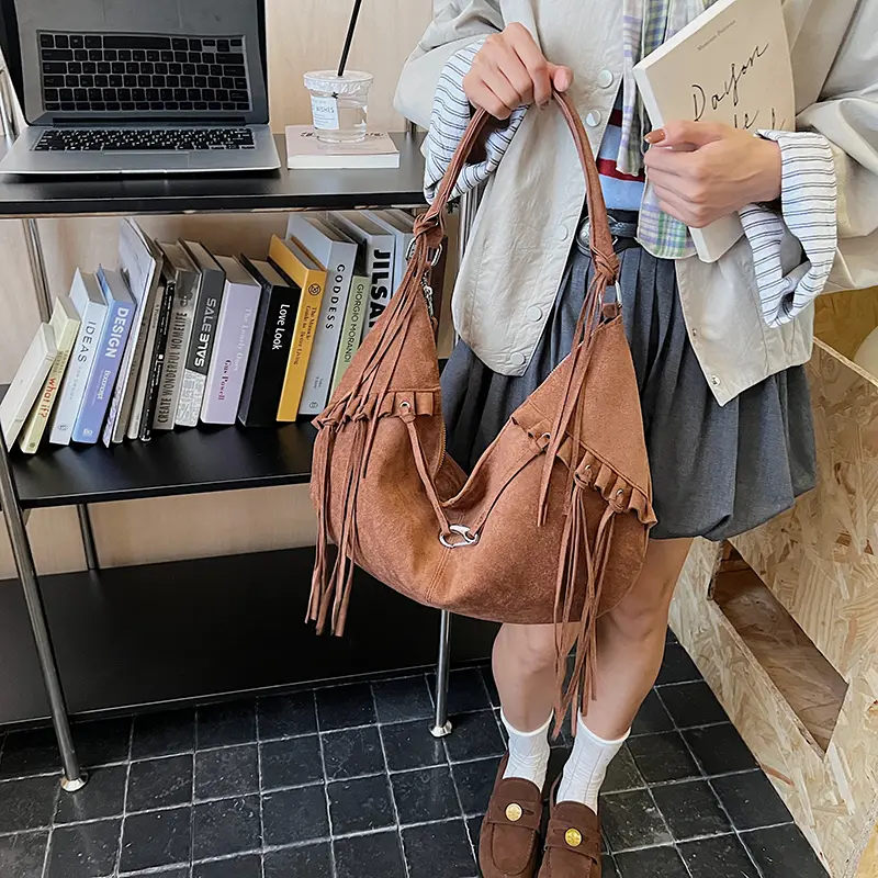 LEFTSIDE Women Faux Suede Shoulder Bag 2025 Winter Retro Hobo Bag Luxury Designer New Tassel New Trend Handbags and Purses