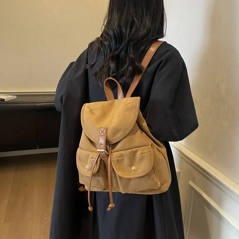 LEFTSIDE Women Small Leather Velvet Backpacks 2025 Korean Fashion Luxury Double Pockets Backpack Student School Bag Back Packs