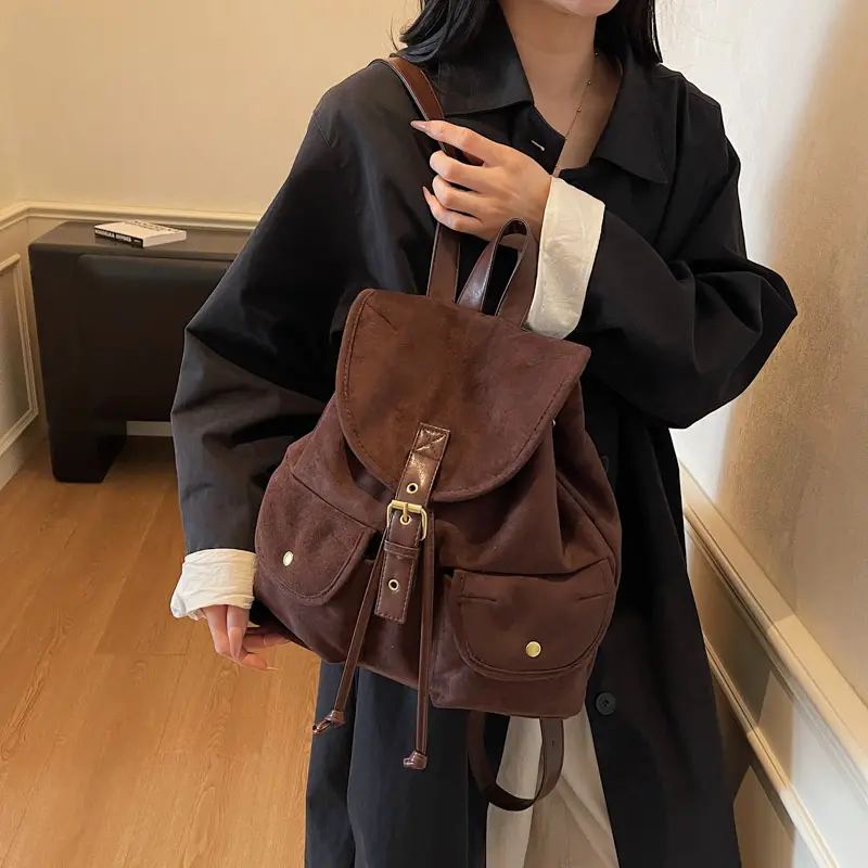 LEFTSIDE Women Small Leather Velvet Backpacks 2025 Korean Fashion Luxury Double Pockets Backpack Student School Bag Back Packs