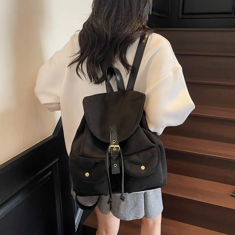 LEFTSIDE Women Small Leather Velvet Backpacks 2025 Korean Fashion Luxury Double Pockets Backpack Student School Bag Back Packs