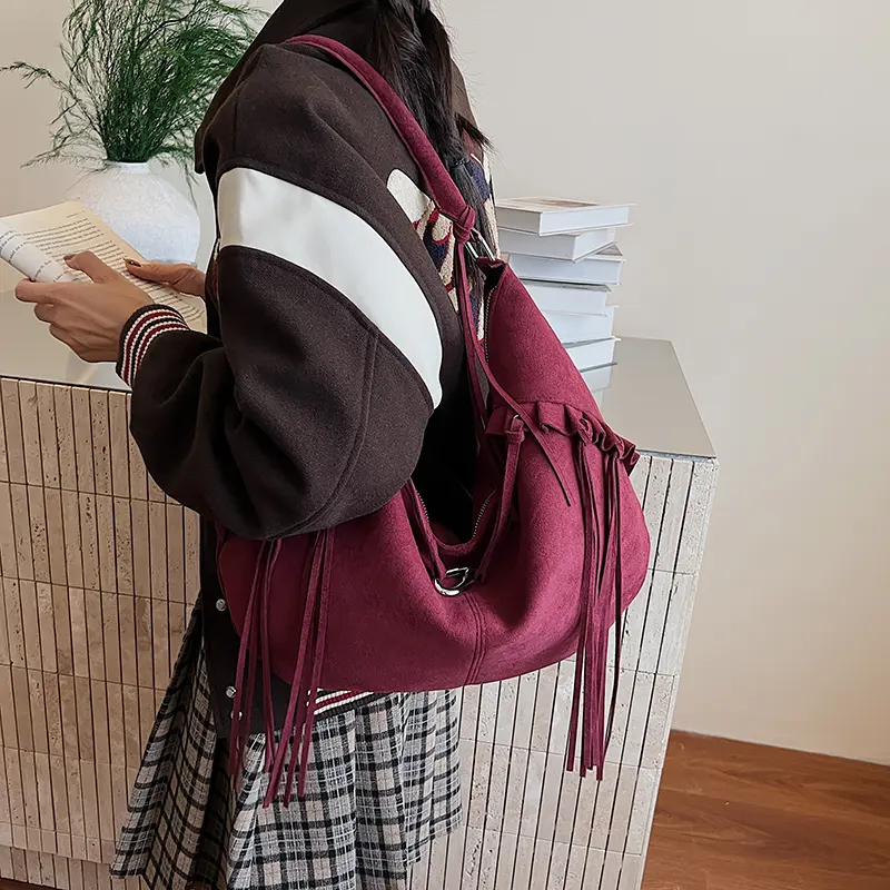LEFTSIDE Women Faux Suede Shoulder Bag 2025 Winter Retro Hobo Bag Luxury Designer New Tassel New Trend Handbags and Purses