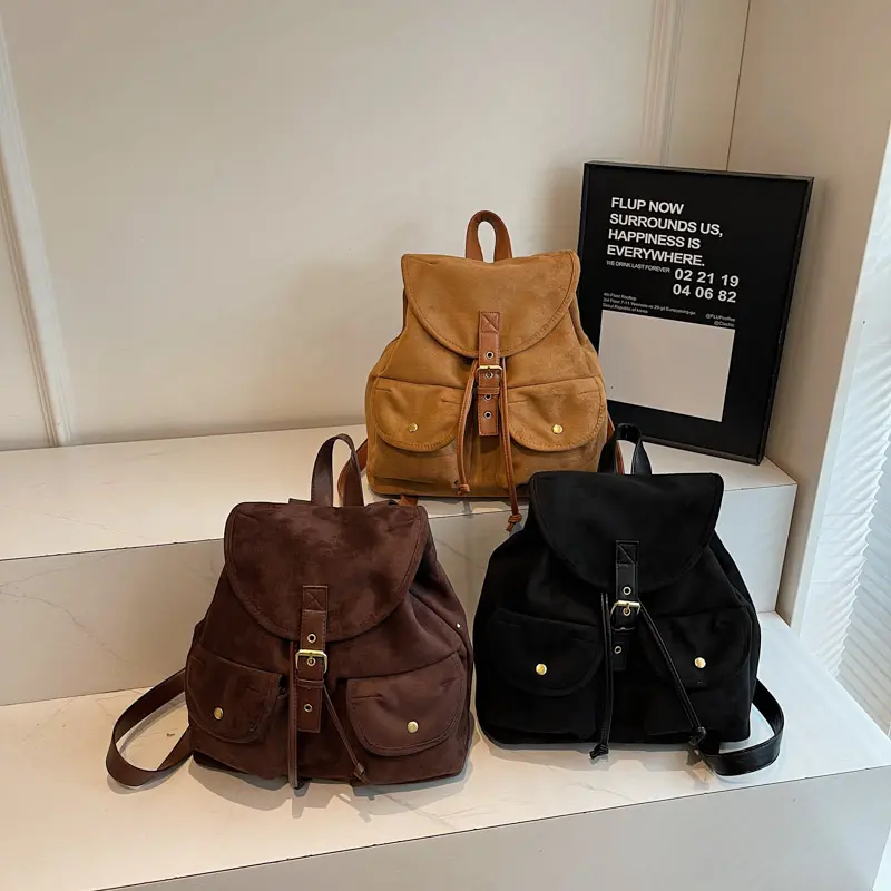 LEFTSIDE Women Small Leather Velvet Backpacks 2025 Korean Fashion Luxury Double Pockets Backpack Student School Bag Back Packs