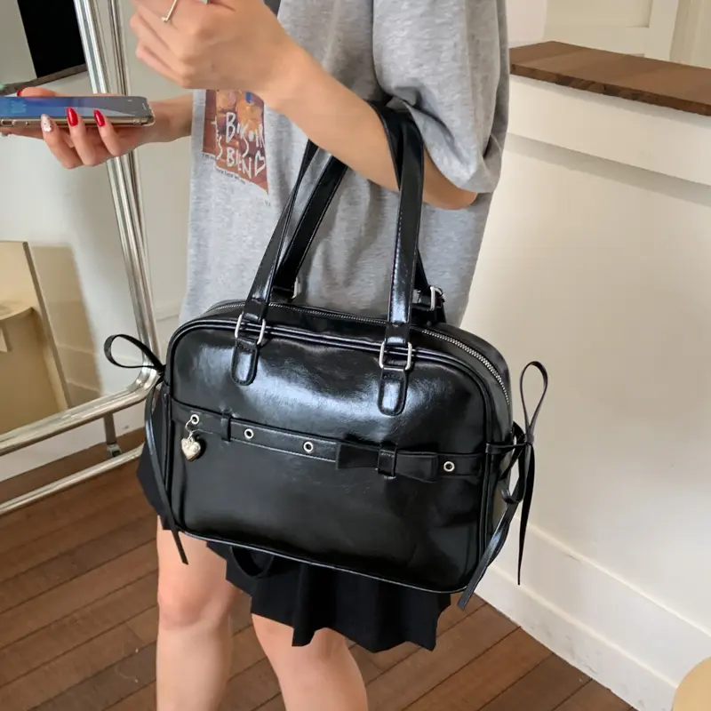 LEFTSIDE Retro Shopper Shopping Shoulder Bags for Women PU Leather Tote Bag 2025 Summer New Designer Cute Bow Square  Handbags