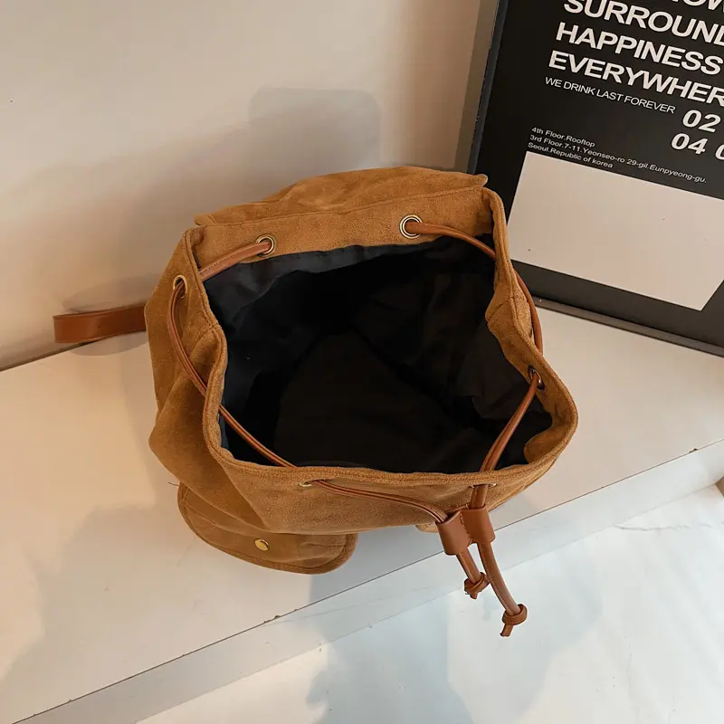 LEFTSIDE Women Small Leather Velvet Backpacks 2025 Korean Fashion Luxury Double Pockets Backpack Student School Bag Back Packs