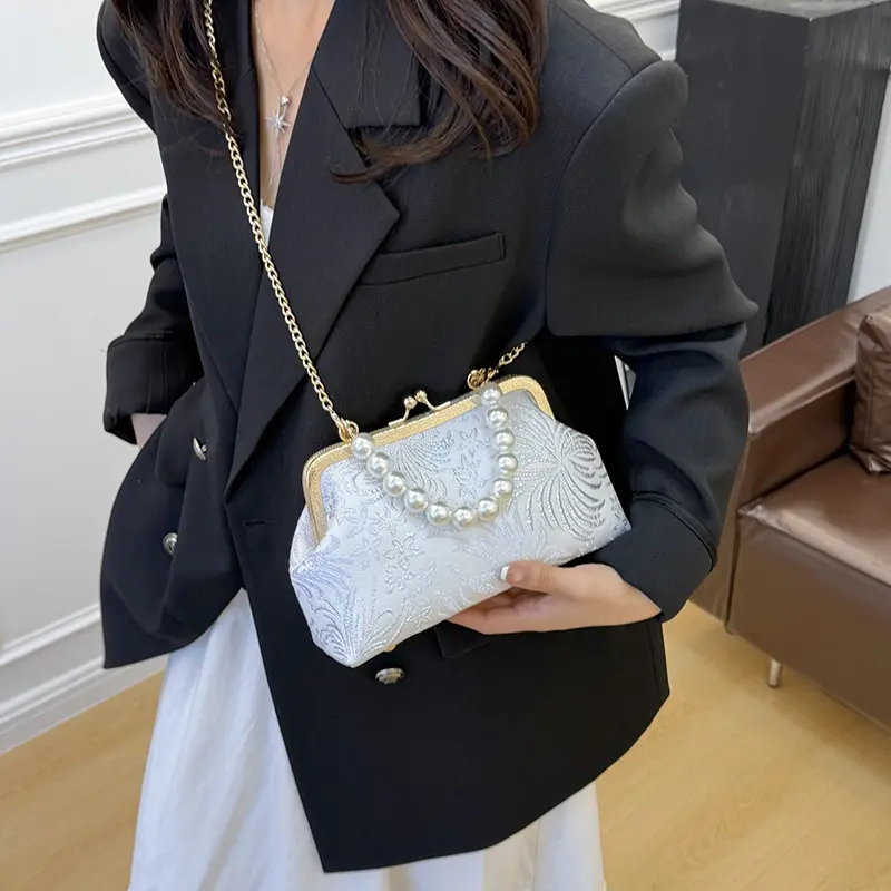 LEFTSIDE 2025 Chinese Style Fabric New Tote Bag Female Crossbody Bag Female Handbags and Purses Beaded Chain Shoulder Bag
