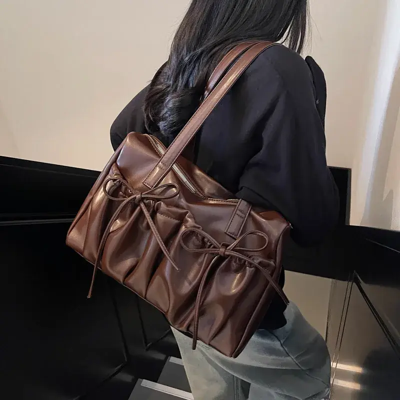 LEFTSIDE Bow Design PU Leather Retro Underarm Bag for Women 2025r Trend New Fashion Y2K Handbags Females Travel Shoulder Bags