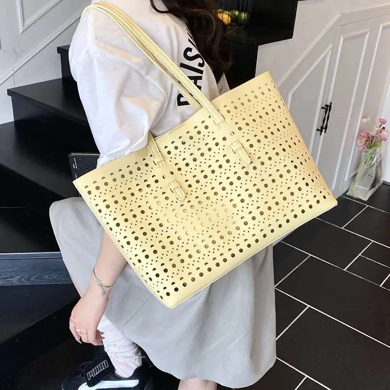 LEFTSIDE 2025 Summer New Sweet Hollow out Handbag Women's Party Bucket Bag Soft Leather Korean Fashion Handheld Tote Bags