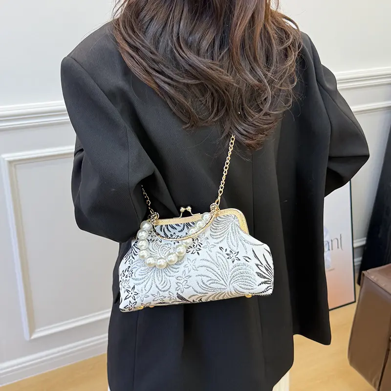 LEFTSIDE 2025 Chinese Style Fabric New Tote Bag Female Crossbody Bag Female Handbags and Purses Beaded Chain Shoulder Bag