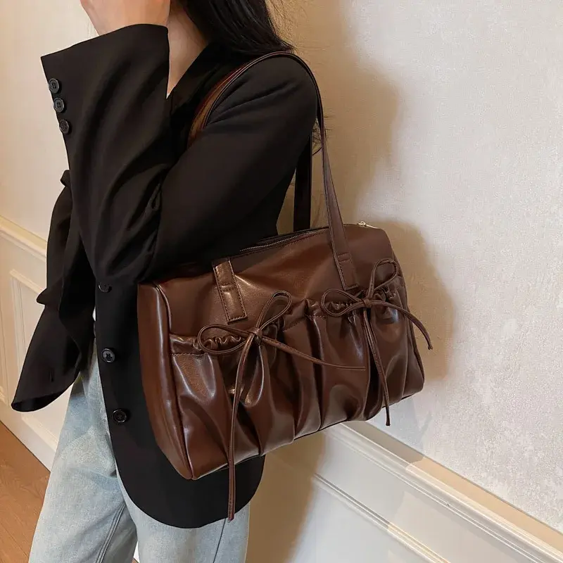 LEFTSIDE Bow Design PU Leather Retro Underarm Bag for Women 2025r Trend New Fashion Y2K Handbags Females Travel Shoulder Bags