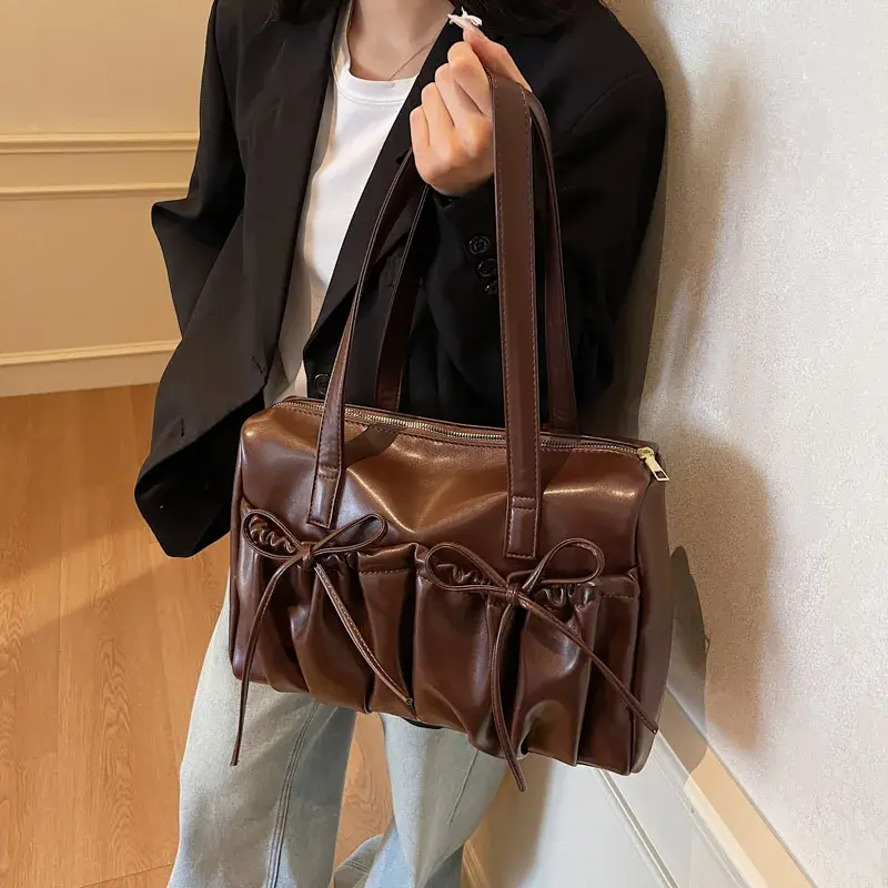 LEFTSIDE Bow Design PU Leather Retro Underarm Bag for Women 2025r Trend New Fashion Y2K Handbags Females Travel Shoulder Bags