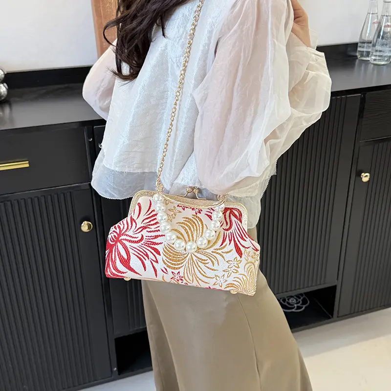 LEFTSIDE 2025 Chinese Style Fabric New Tote Bag Female Crossbody Bag Female Handbags and Purses Beaded Chain Shoulder Bag