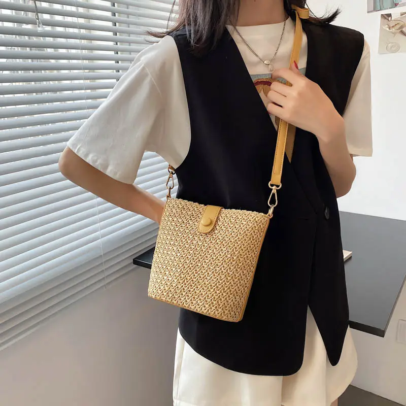LEFTSIDE Weave Mini Straw Bucket Shoulder Bags for Women 2025 Summer Ladies New Crossbody Bag Females Beach Bags Lady Handbags