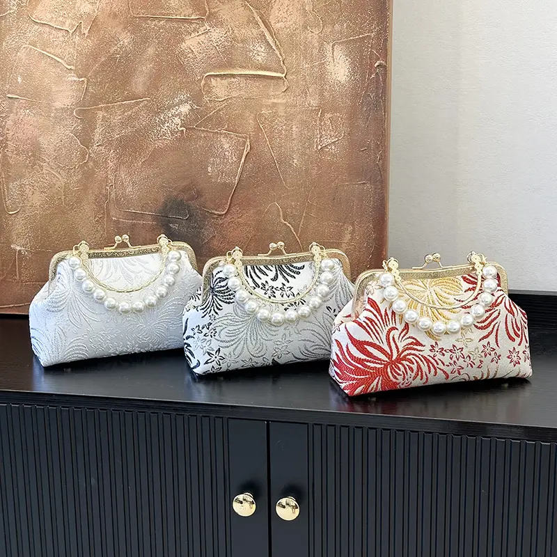 LEFTSIDE 2025 Chinese Style Fabric New Tote Bag Female Crossbody Bag Female Handbags and Purses Beaded Chain Shoulder Bag